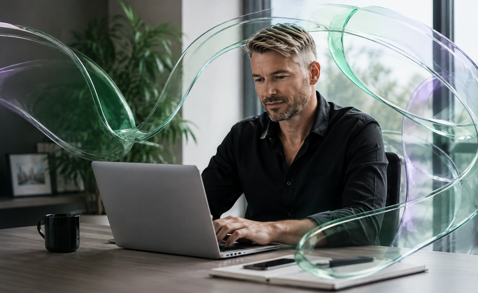 Sean Twomey working at a laptop with abstract green glass ribbons